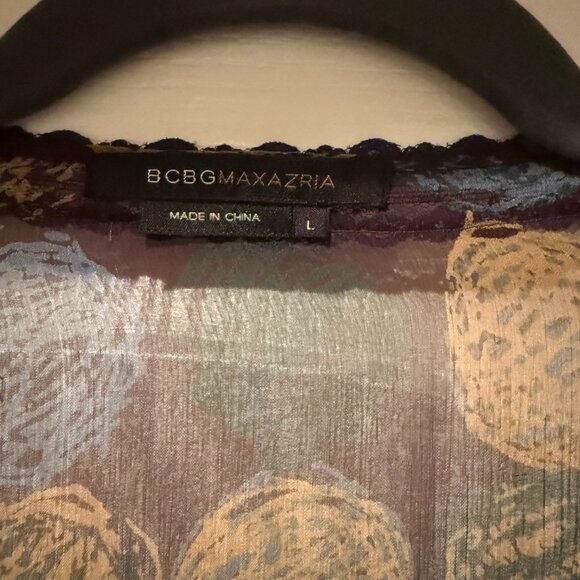 BCBGMaxAzria | Silk + Lace Sheer Patterned Blouse | Brown/Navy | Size: L - Picture 9 of 10